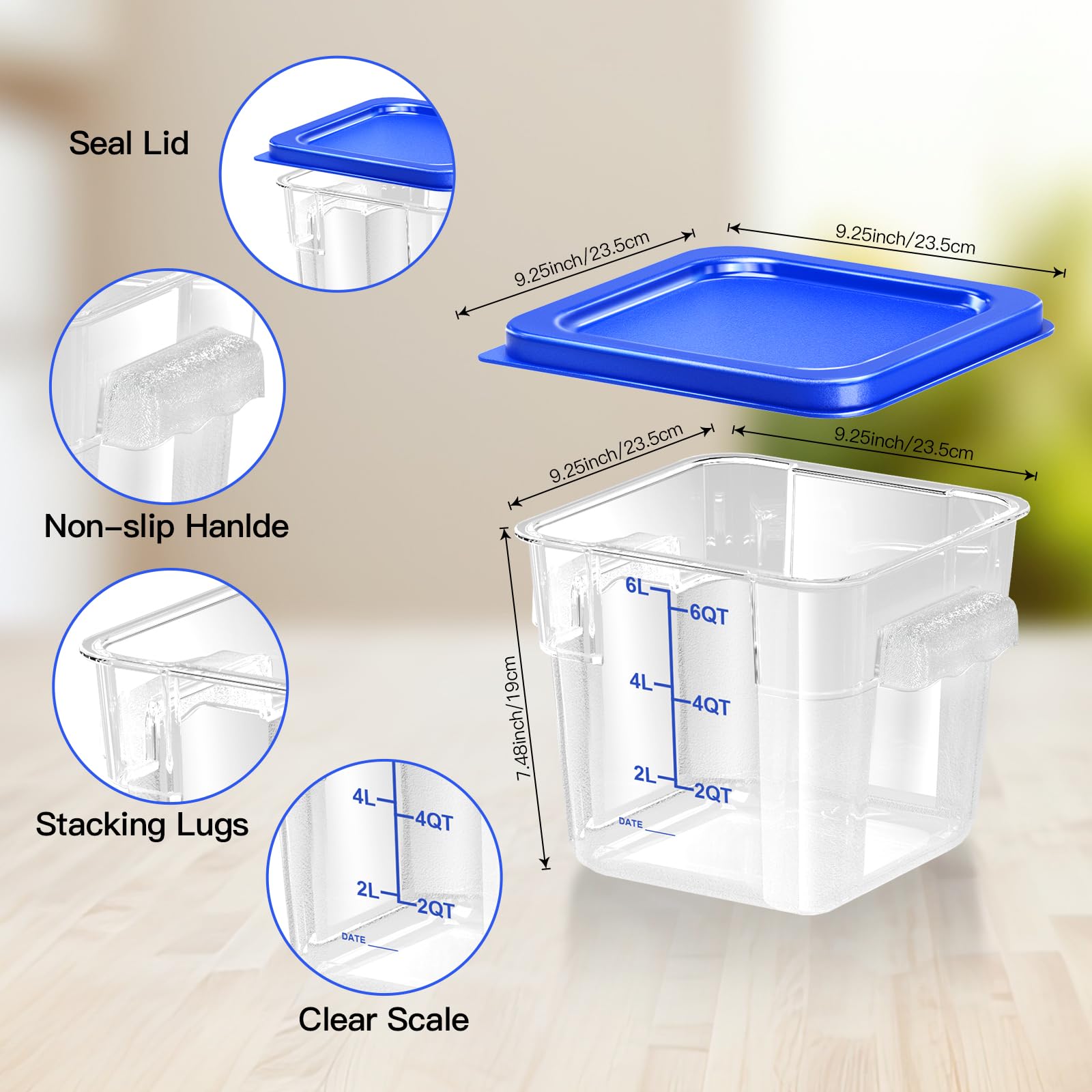 6 pcs 2qt Food Storage Containers with Lid, Square Clear Commercial Storage Containers with Handle and Scale for Food Storage in Home Kitchen & Dining (Green)