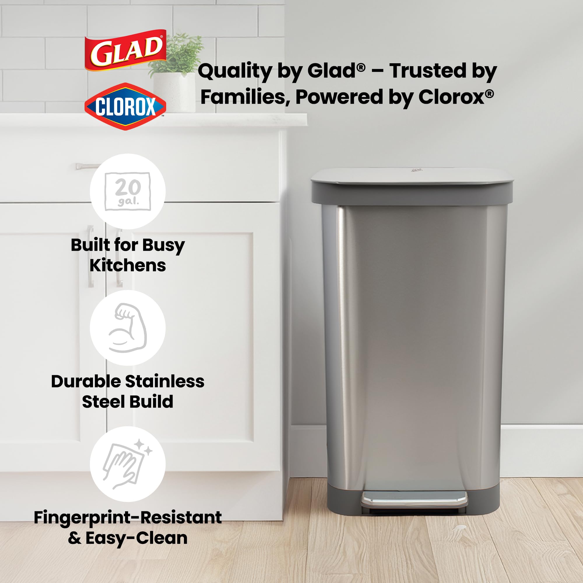 Glad 13 Gallon All Brushed Stainless Steel Trash Can with Clorox Odor Protection | Large Metal Kitchen Garbage Bin with Soft Close Lid, Garbage Bag Rings, Step On Foot Pedal and Waste Bag Roll Holder