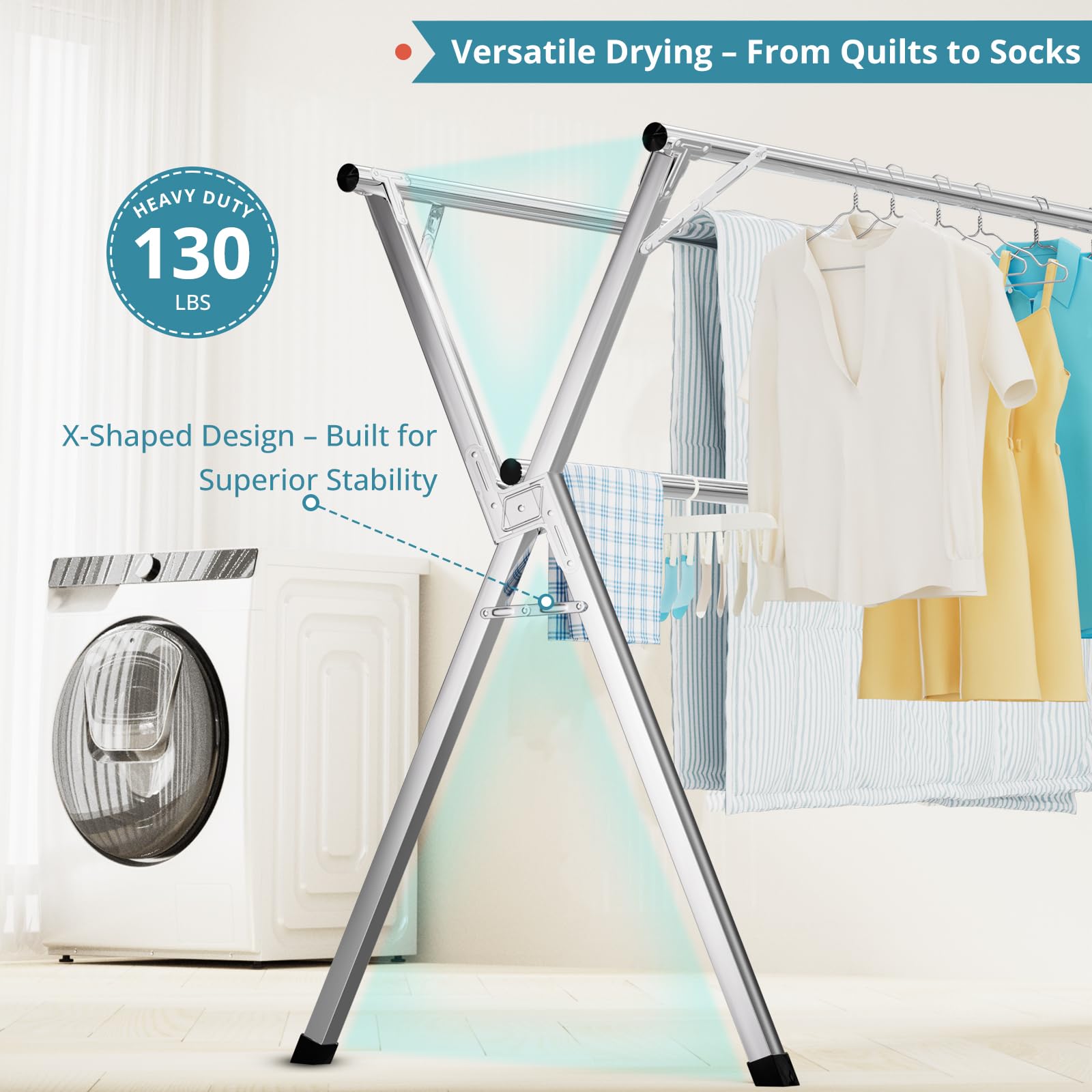 JAUREE 95 Inches Clothes Drying Rack, Drying Rack Clothing Folding Indoor Outdoor, Heavy Duty Stainless Steel Laundry Drying Rack, Foldable Portable Clothes Rack Garment Rack with 20 Hooks Black