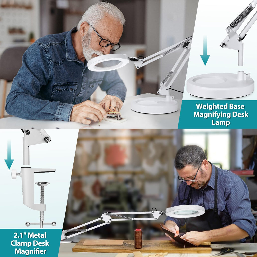 12X Magnifying Glass with Light and Stand, Real Glass, 5 Color Modes, Brightness Stepless Dimmable Lighted Magnifier Hands Free, 2-in-1 Desk Lamp & Clamp Light, Magnifier Lamp for Close Work, Reading