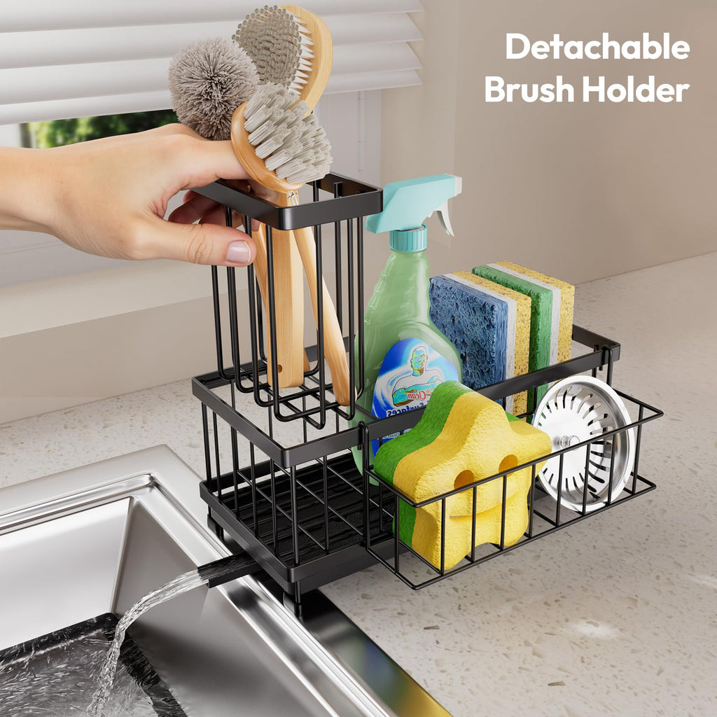 SWTYMIKI Sponge Holder for Kitchen Sink - Sink Caddy with Brush Holder Self-draining Sponge Caddy Organizer with Divider Stainless Steel Kitchen Accessories Storage for Countertop, Black