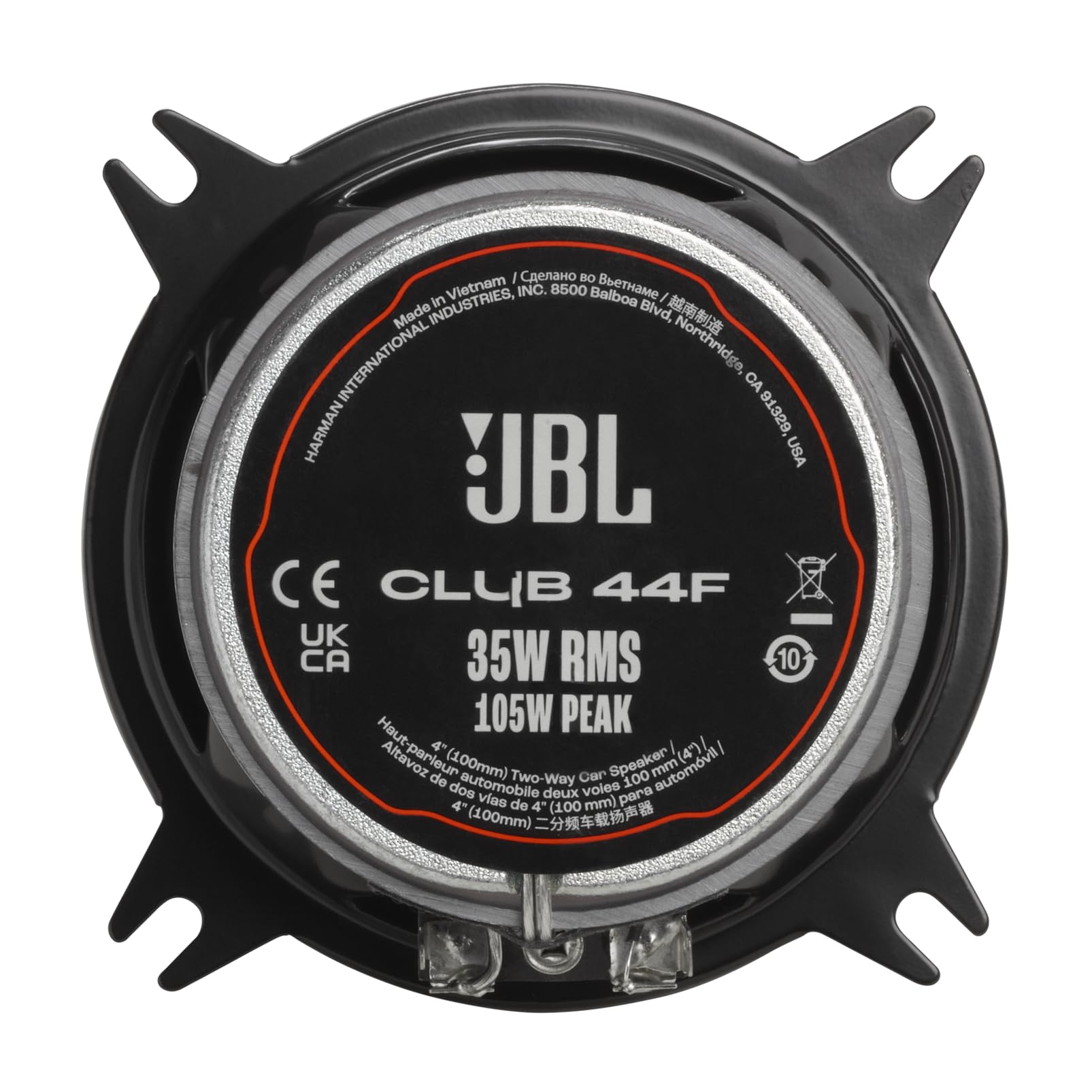 JBL Club 34F - 3-1/2" (87mm) Two-Way Car Speaker, 75 Watts Peak, 25 Watts RMS, Sensitivity (@ 2.83V): 89dB, Frequency Response: 90Hz – 20kHz, Nominal Impedance: 3.0 ohms