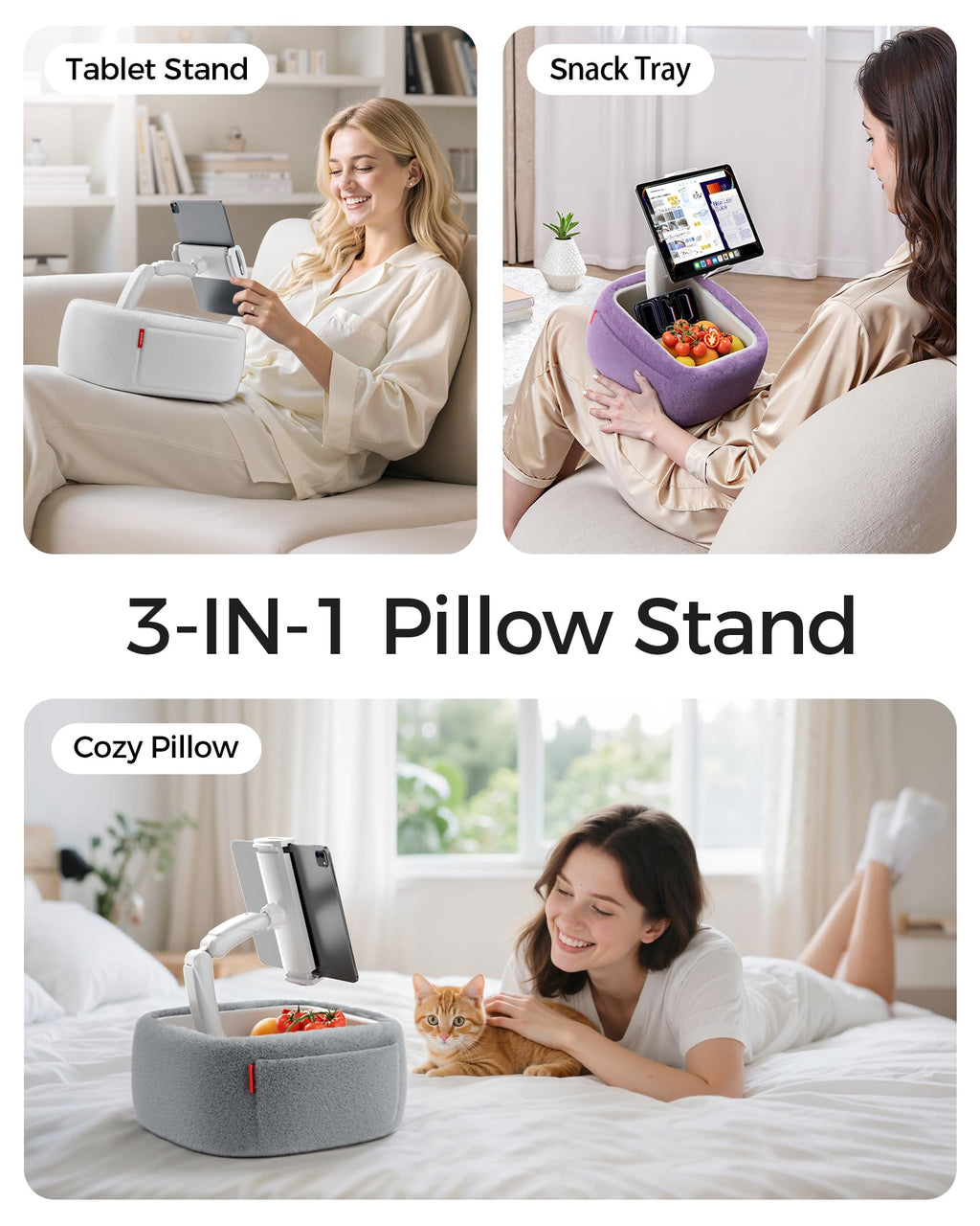 LULULOOK Tablet Pillow Stand, Compatible with iPad, iPhone and 4.7-14.6”Tablet, 360° Adjustable Kindle Pillow Stand for Bed with Ultra Fluffy Fabric & Snack Bowl (Cloudy White)