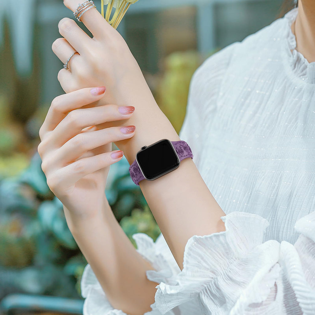 Floral Engraved Band Compatible with Apple Watch Band 40mm 41mm 38mm 42mm 44mm 45mm 46mm 49mm Women, Soft Silicone Cute Embossed Flower Strap for iWatch Band Series SE Ultra 11 10 9 8 7 6 5 4 3 2 1