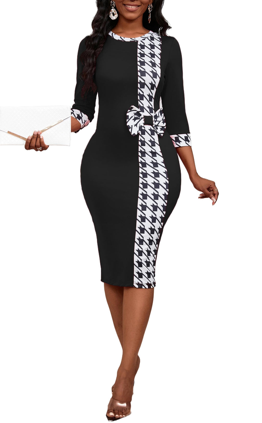 PerZeal Women's 3/4 Sleeve Round Neck Casual Houndstooth Bodycon Wear to Work Pencil Sheath Midi Dresses
