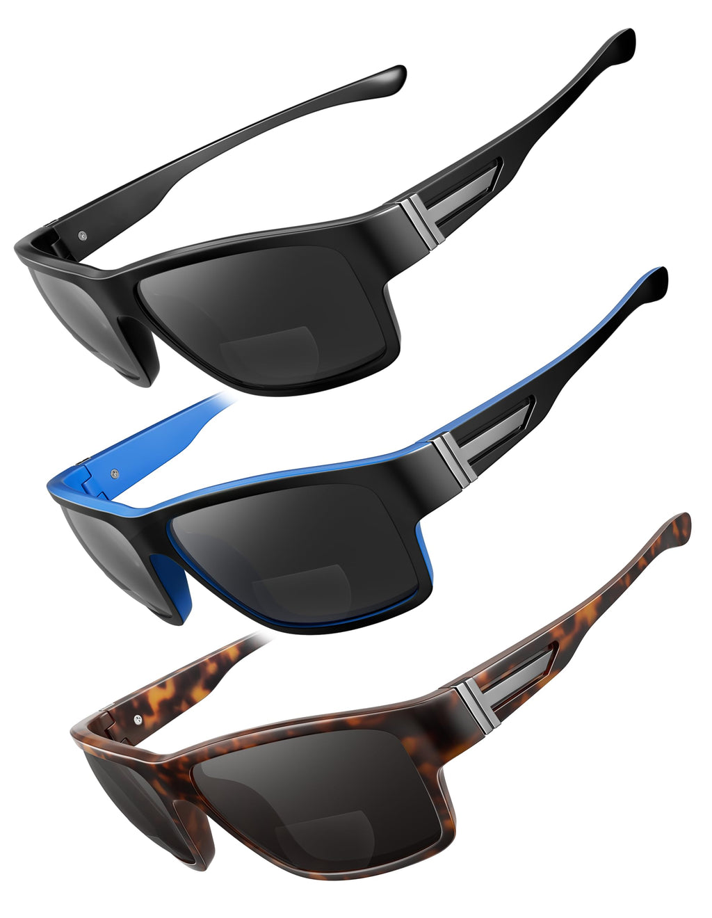 SKYOAK 3 PACK Evolved Unbreakable Bifocal Reading Sunglasses Men TR90 Frame Wrap Around Design Glasses UV 400 Protection Outdoor Sun Reader Sports/Driving (Black & Blue & Tortoise +1.50)