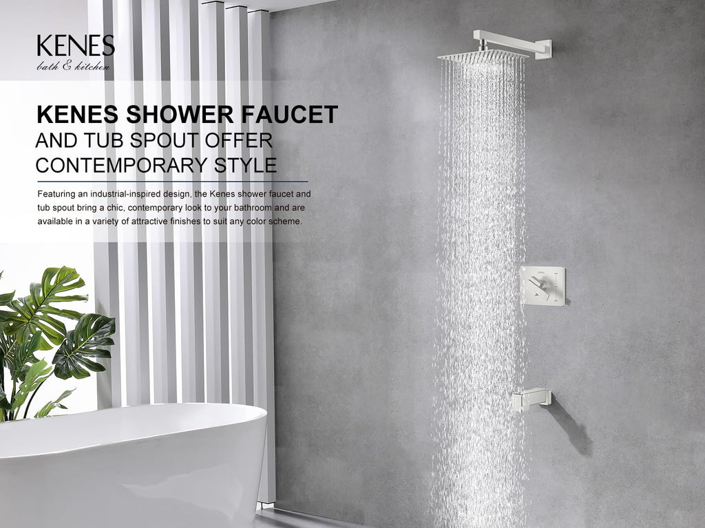 KENES Brushed Nickel 10-Inch Shower Head and Handle Set, Square Shower Faucet Set Bathroom Rainfall Shower System Wall Mount, KE-6024B (Shower Valve Included)