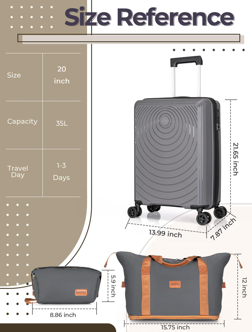 CONCEPTEN Luggage Sets,Suitcases with Wheels, Hardshell Suitcase Set, PP Carry on Luggage Set with TSA Lock, Travel Luggage (Black, Bag Type)