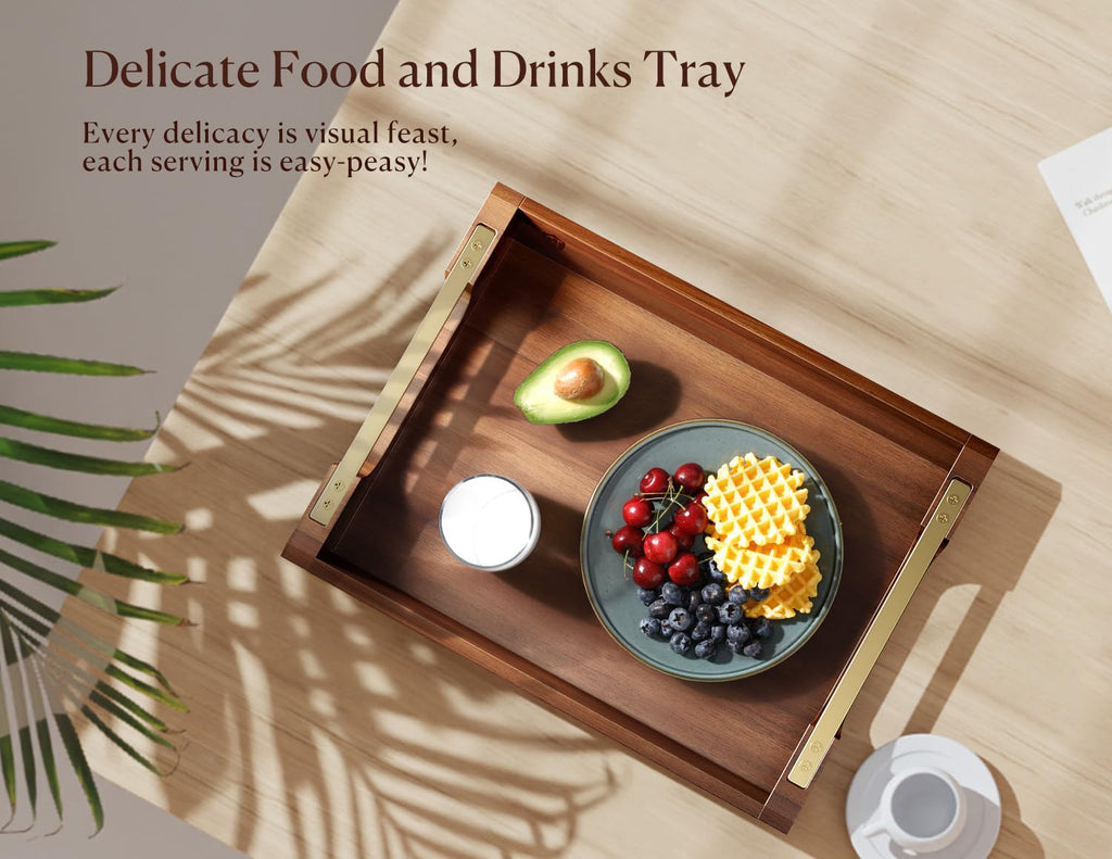Acacia Wood Serving Tray with Metal Handles, 17x13in Food Drinks Tray for Coffee Table, Breakfast, Dinner & Bar, Rustic Decorative Storage Tray for Ottoman, Kitchen, Elegent Gift for Father