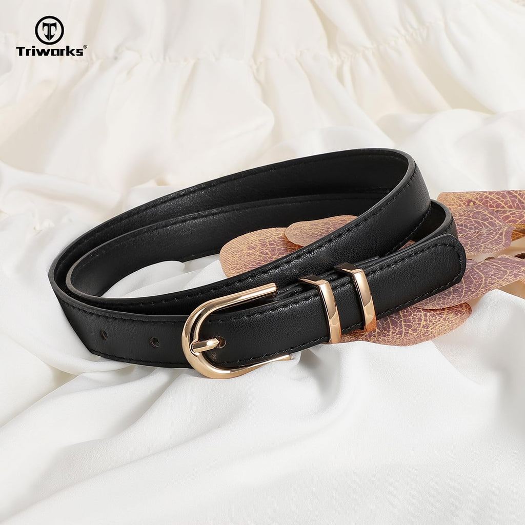 TRIWORKS 2 Pack Women Skinny Leather Belts for Jeans Pants Thin Faux Leather Belt with Gold Buckle
