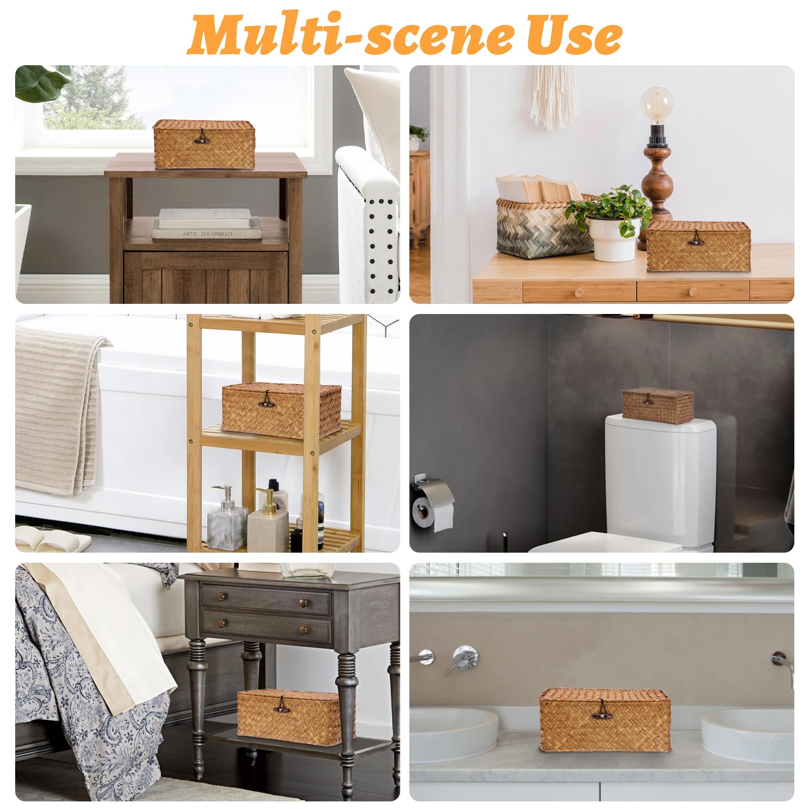 Sumnacon Wicker Basket with Lid Rectangle Woven Baskets for Toiletries Tampon Storage,Wicker Storage Basket with Lid,Decorative Seagrass Storage Baskets for Shelf Bathroom Toilet Table, Caramel