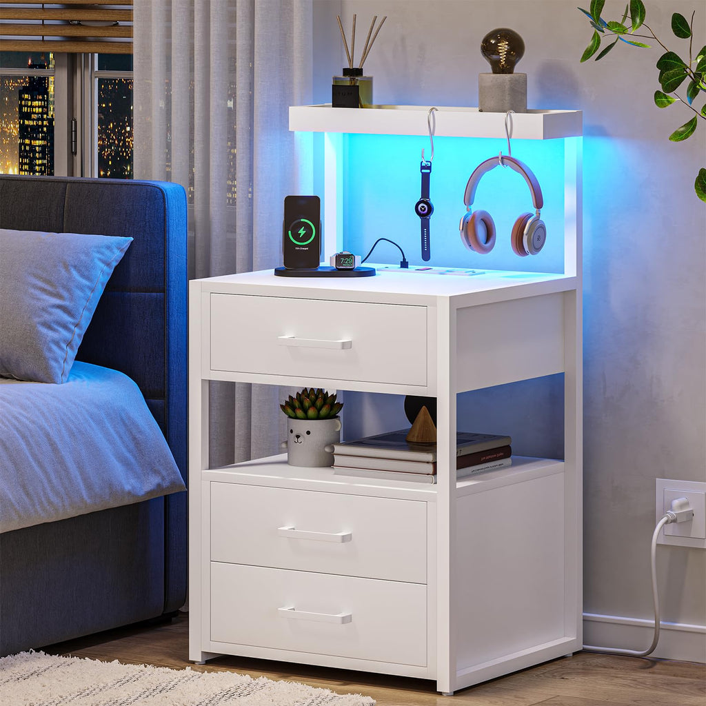 VIAGDO Led Nightstand with Charging Station, 3 Drawers Night Stands with Led Lights, Black Bedside Tables with Storage Shelves, Modern End Side Tables for Bedroom, Office