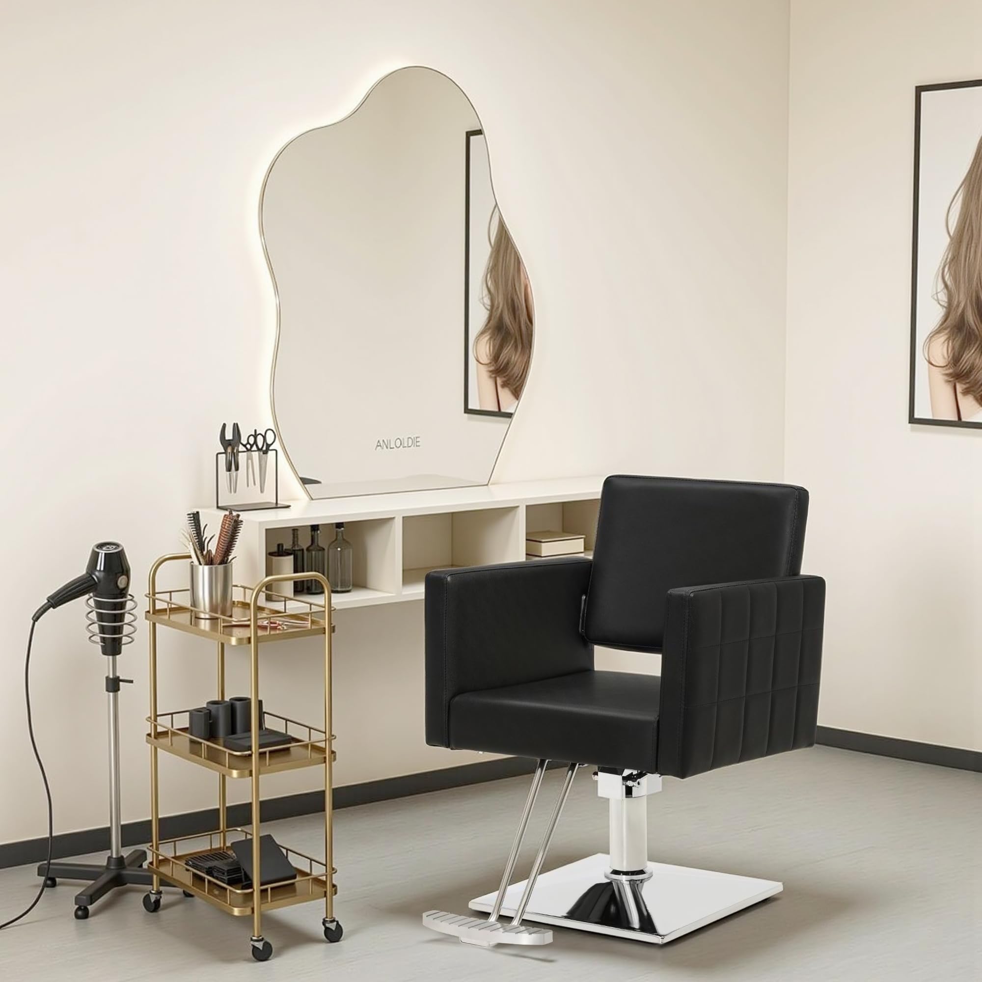 BarberPub Salon Chair for Hair Stylist, Hydraulic Stylist Chair, Adjustable Height, PVC Leather, 360 Degrees Swivel, Barbershop, Home Salon, Adult 8821 (Black)