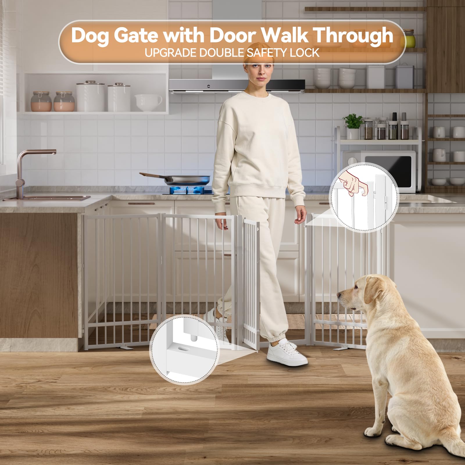 SNUOWU Full Metal Freestanding Dog Gate with Door, 24'' Height Foldable Pet Dog Fence for Indoor & Outdoor, 2 Panels Extra Wide Free Standing SmallDog Gates for Doorways,House,Stairs,Porch,Deck,Yard