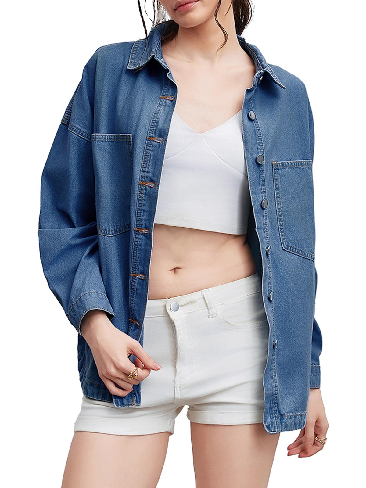 LifeShe Women Denim Shirt Jean Jacket Oversize Button Down Shirt Long Sleeve Jean Tops Trendy Shackets