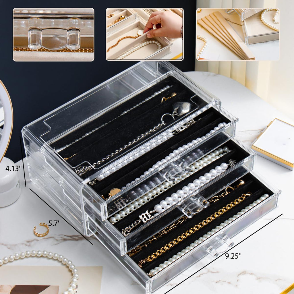 YUFONG Necklace Holder Organizer, Dustproof Necklace Box Velvet Necklace Organizer Box with Lid Clear Acrylic Dustproof Stackable Jewelry Displays for Necklaces Chain Display (Beige, 3 Drawer)
