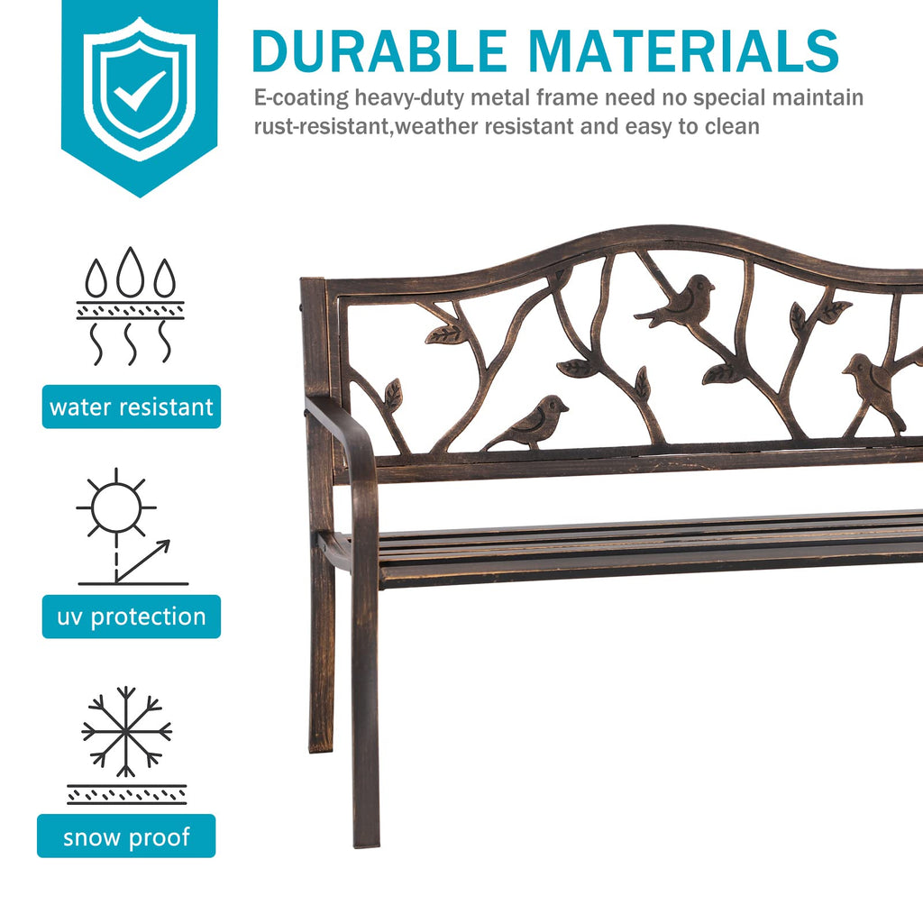 MFSTUDIO 50 Inches Outdoor Garden Bench, Cast Iron Metal Frame Patio Park Bench with Floral Pattern Backrest, Arch Legs for Porch Lawn Garden Yard(Black)