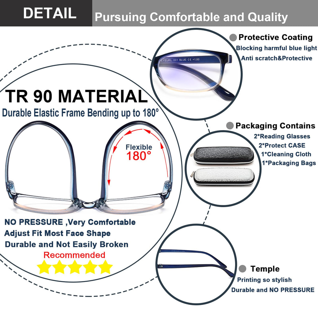 EYEURL Reading Glasses for Women Men Blue Light Blocking, 0.00 Anti Eye Strain Computer Readers, TR90 Ultra Lightweight Rectangle Frame Eyeglasses