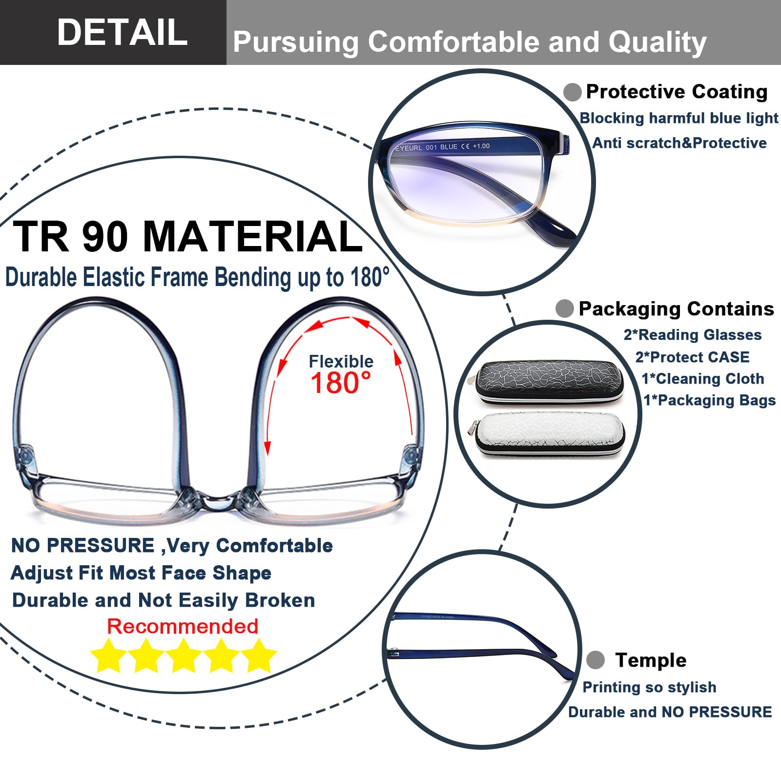 EYEURL Reading Glasses for Women Men Blue Light Blocking, 0.00 Anti Eye Strain Computer Readers, TR90 Ultra Lightweight Rectangle Frame Eyeglasses