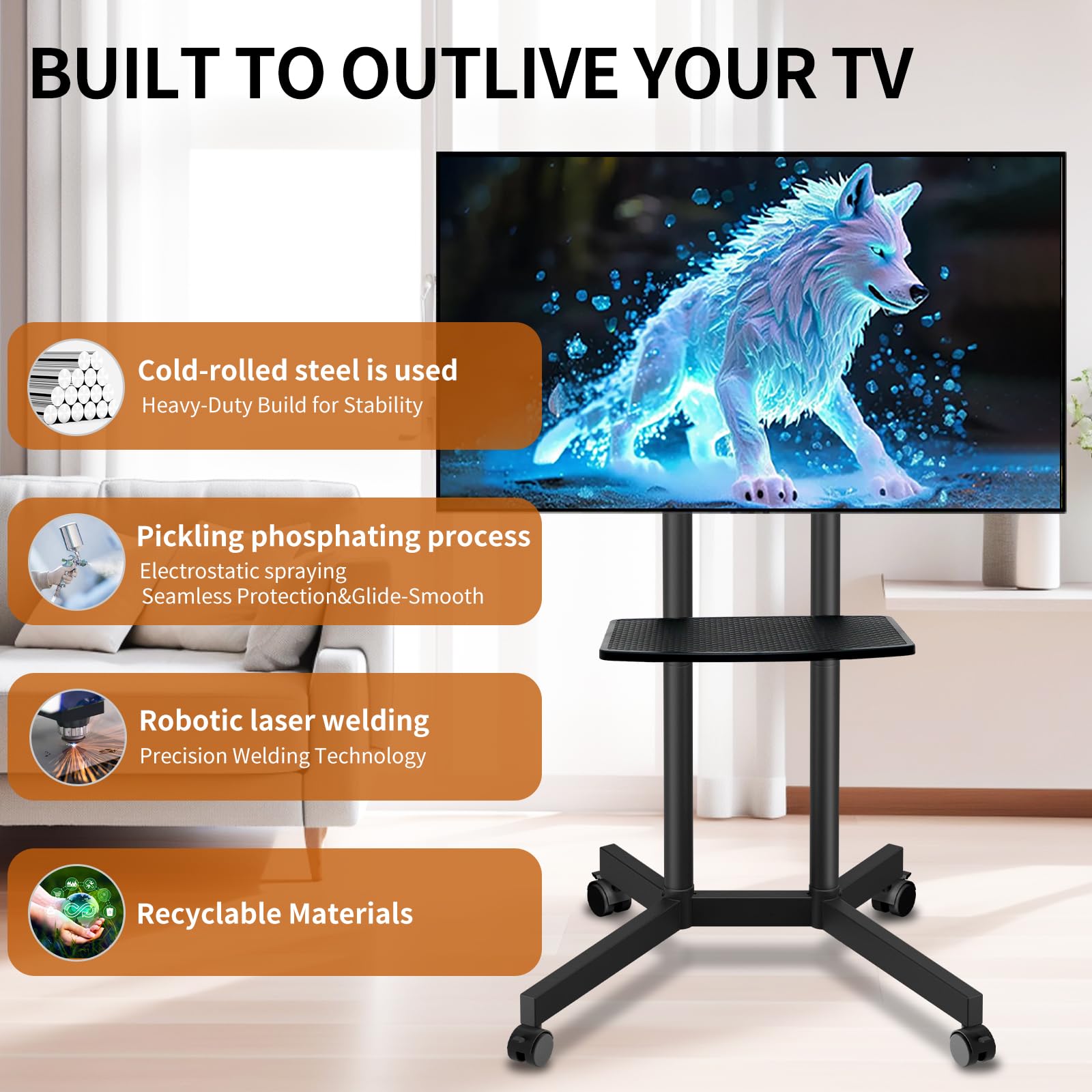 Solid Grace Rolling TV Stand with Power Outlet for 32-75 Inch TVs up to 88lbs, Portable TV Stand with Shelf, Mobile TV Cart for Living Room, Office, Meeting Room, Outdoor(with Power Outlet+Shelf)