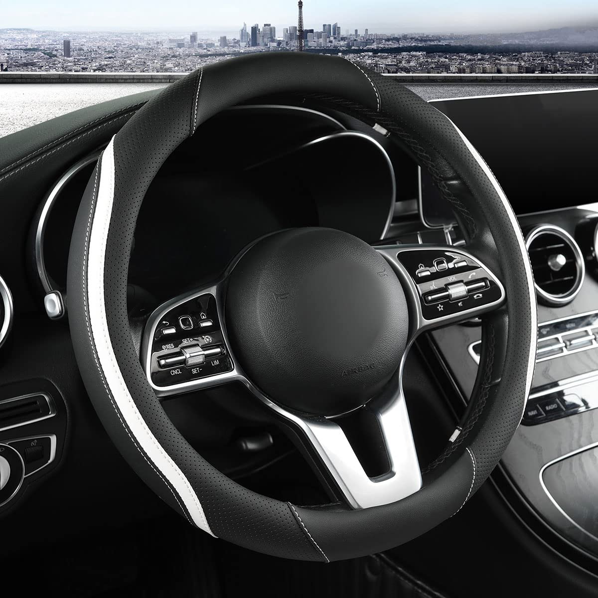 Car Steering Wheel Cover, Leather Steering Wheel Cover Beige Universal 14.5-15 Inch Microfiber Leather Anti-Slip Breathable Auto Steering Wheel Covers for Men Women (Black&Beige)