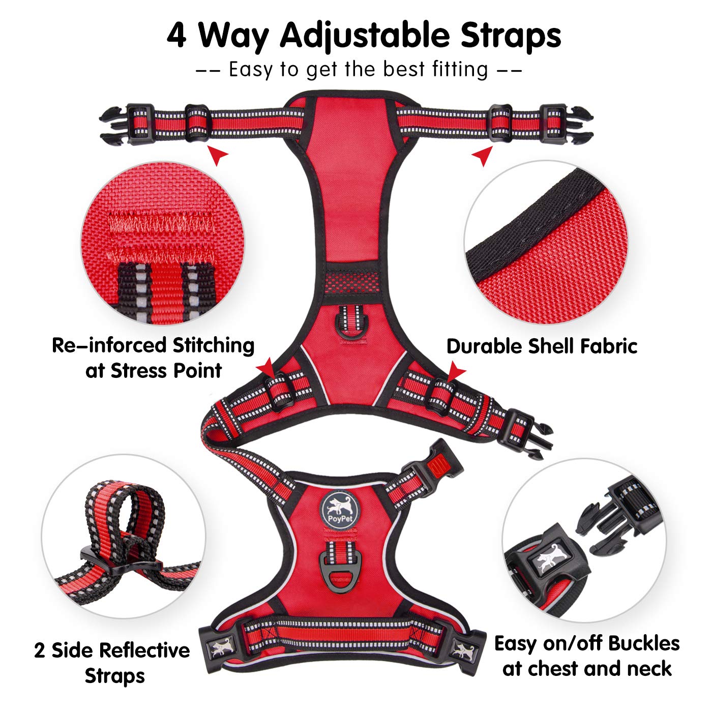 PoyPet Dog Harness No Pull, Reflective Vest Harness with Front & Back 2 Clips and Easy Control Handle for Small Medium Large Dog (XS, Black)