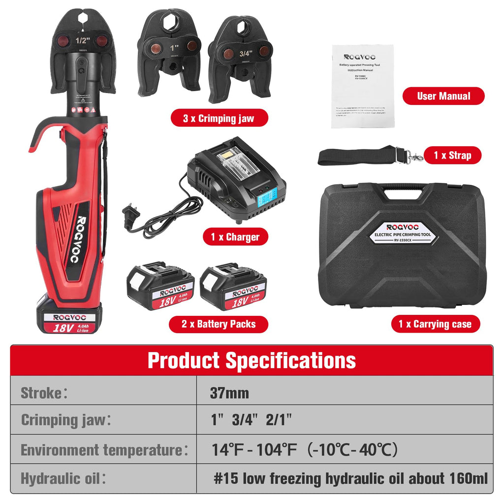 Cordless Pro Press Tool, with 3 Pro Press Jaws Tube Crimping Tool Kit for 1/2, 3/4, 1 inches Copper Pipes and Stainless Steel Pipes, 2pcs 4.0 Ah Battery and Charger, Carrying Case Included