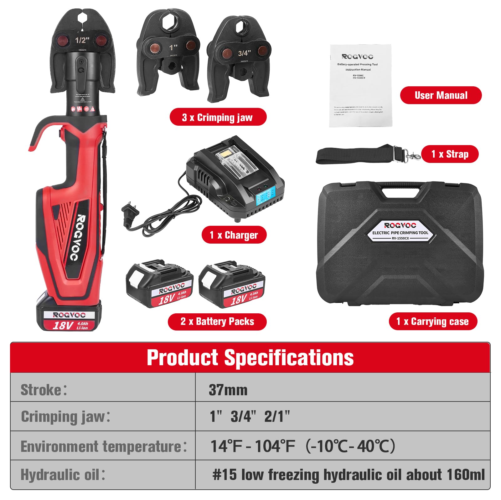 Cordless Pro Press Tool, with 3 Pro Press Jaws Tube Crimping Tool Kit for 1/2, 3/4, 1 inches Copper Pipes and Stainless Steel Pipes, 2pcs 4.0 Ah Battery and Charger, Carrying Case Included