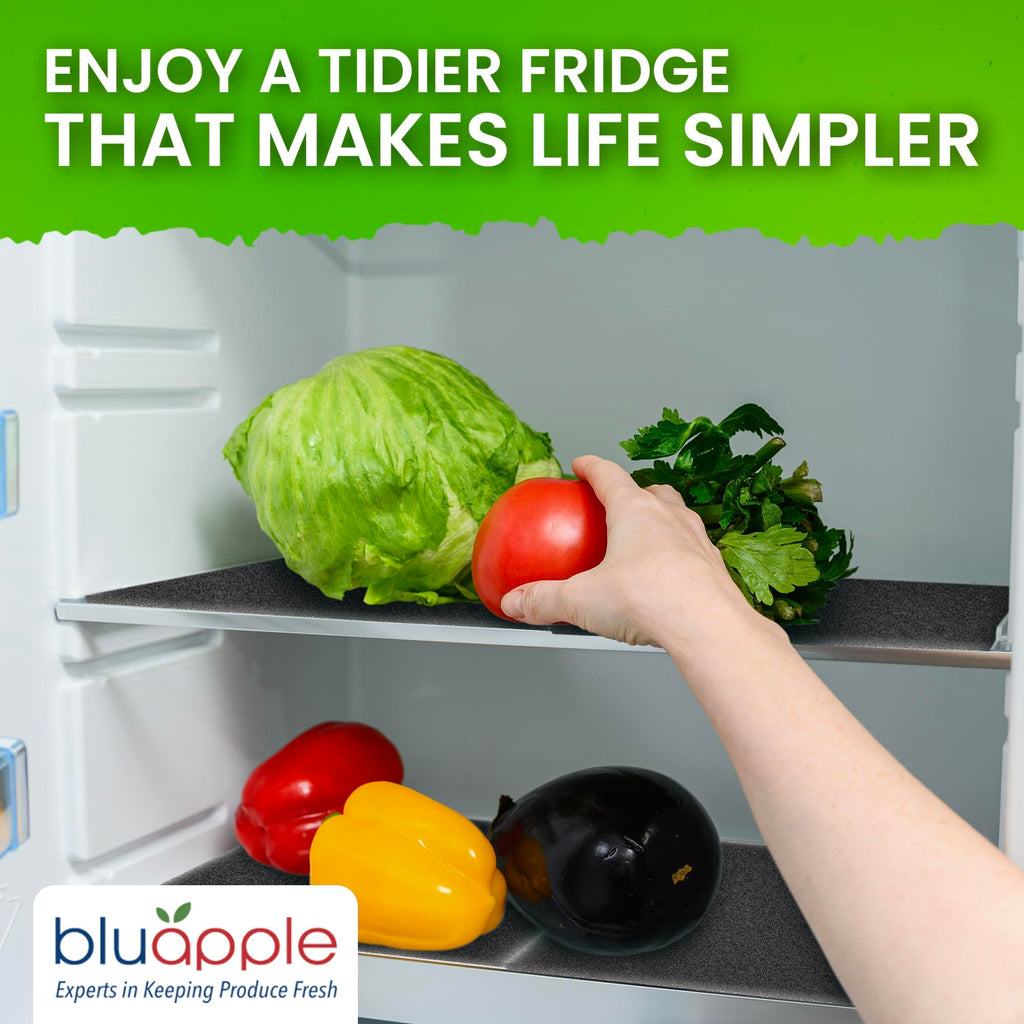 Bluapple FreshMats, Refrigerator Bin Liner, Fridge Drawer Mats, Crisper Life Extender Liner Keeps Produce Fresh Longer, Anti-Bruising, for Air Circulation, Washable & Reusable (4-Mats, 12x15, Black)
