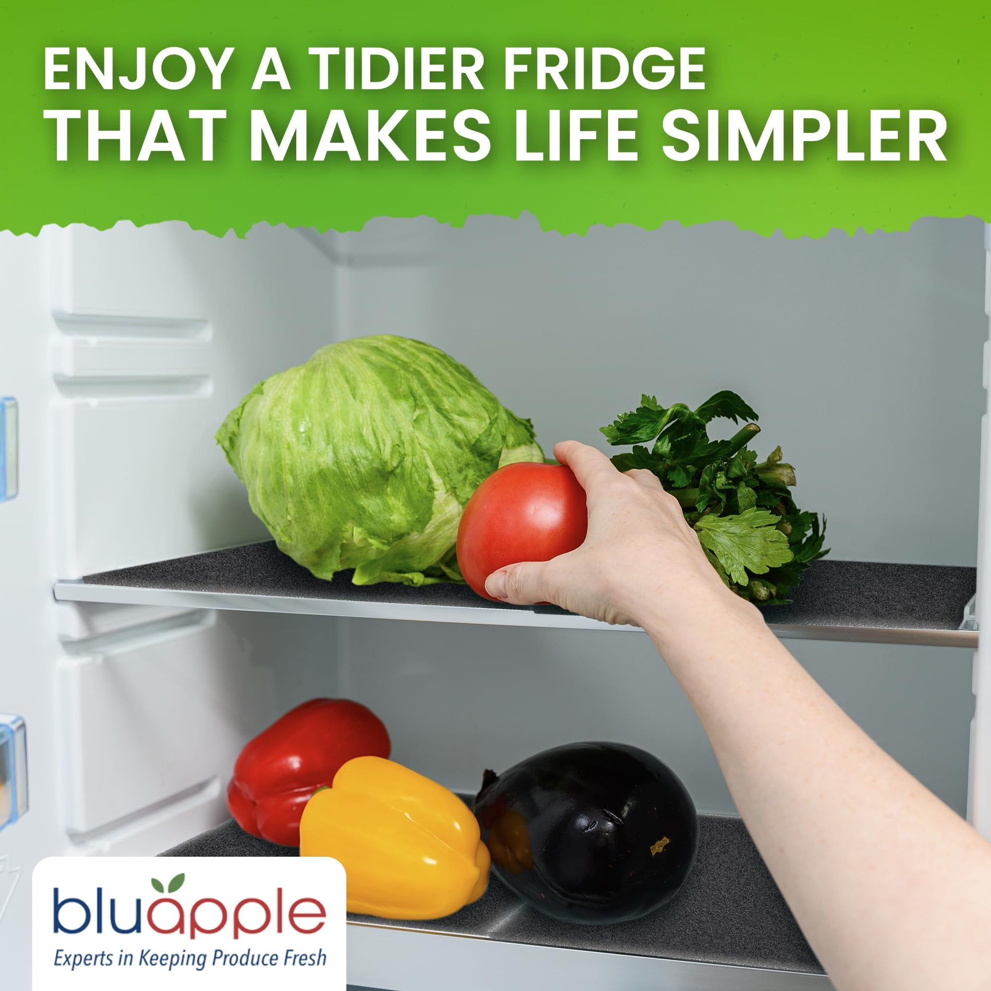Bluapple FreshMats, Refrigerator Bin Liner, Fridge Drawer Mats, Crisper Life Extender Liner Keeps Produce Fresh Longer, Anti-Bruising, for Air Circulation, Washable & Reusable (4-Mats, 12x15, Black)