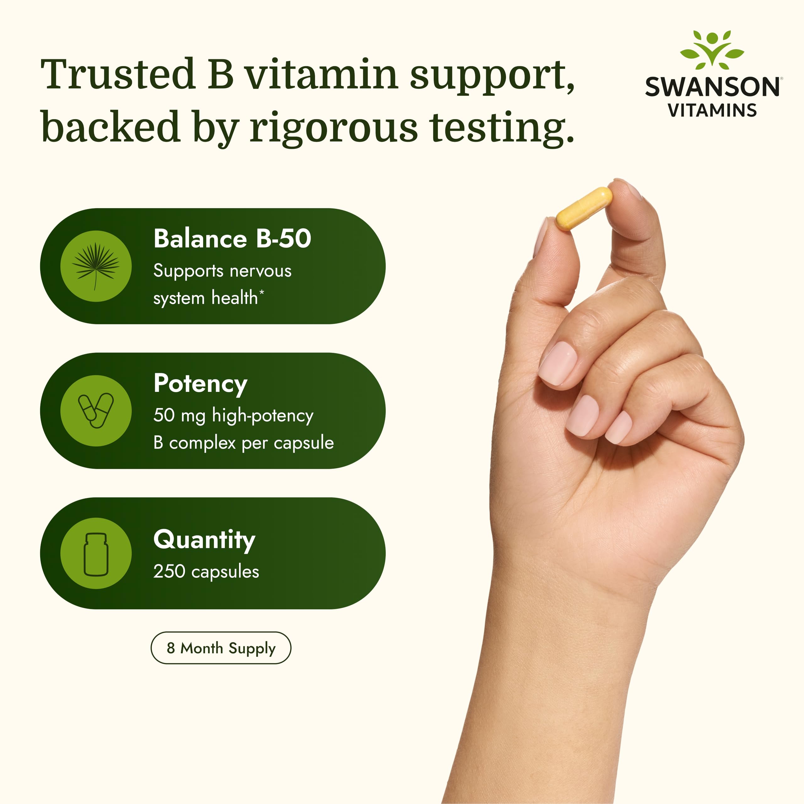 Swanson Balance B-50 High-Potency B Vitamin Complex for Busy Adults Seeking Immune, Heart, and Nervous System Support (100 Capsules)