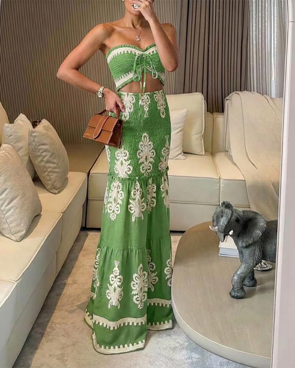 CHICME Floral Printed Vacation Dress Halter Tie Ruched Shirred Bandeau Party Dress Slim Ruffle Hem Wedding Guest Dress