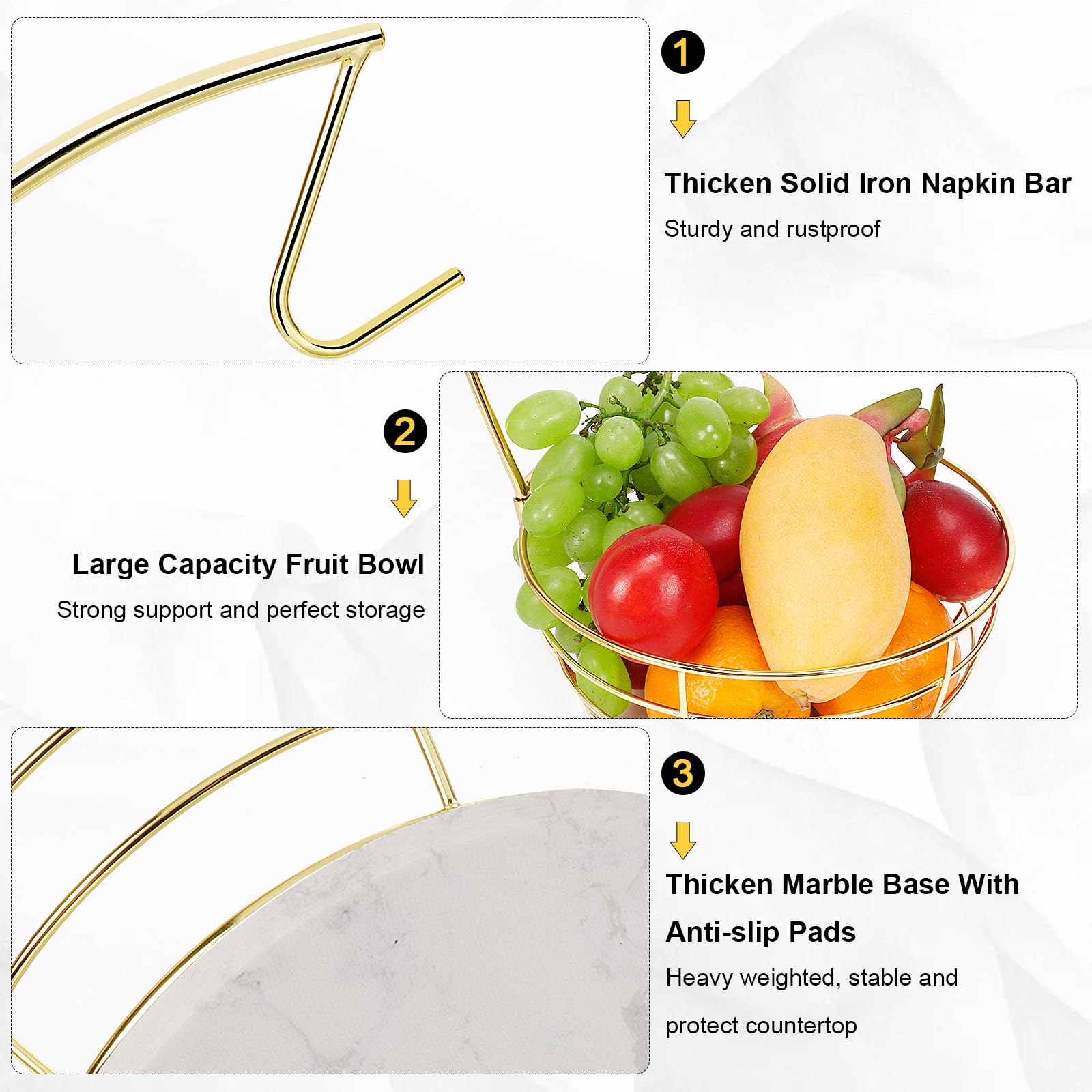 Livabber Countertop Fruit Basket Bowl with Banana Hanger, Modern Standing Fruit Vegetable Bowl Storage, with Banana Tree Holder for Kitchen Dinning Table (Round Marble, Black)