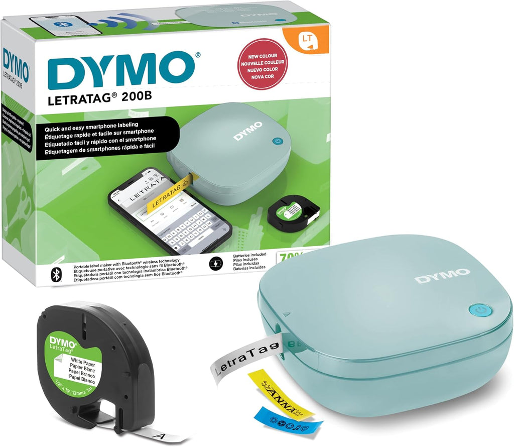 DYMO LetraTag 200B Bluetooth Label Maker, Compact Label Printer, Connects Through Bluetooth Wireless Technology to iOS and Android, Includes 1 White Paper Label Tape, Daydream Blue