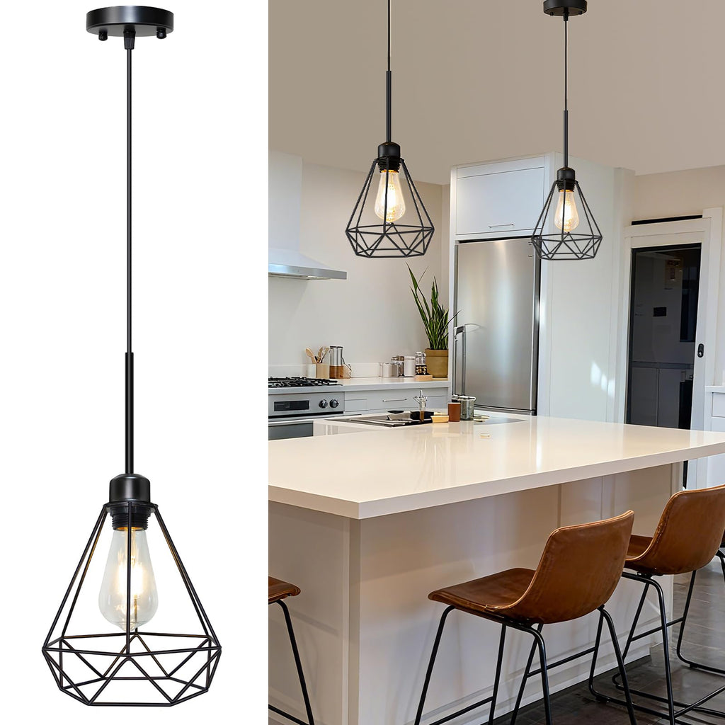 Maliralt Pendant Light Hanging Lights Fixture - Adjustable Hanging Lamps with Black Metal Diamond Shade for Kitchen Island, Dining Room Over Table, Breakfast Corner, Farmhouse Home Decor - 1 Pack