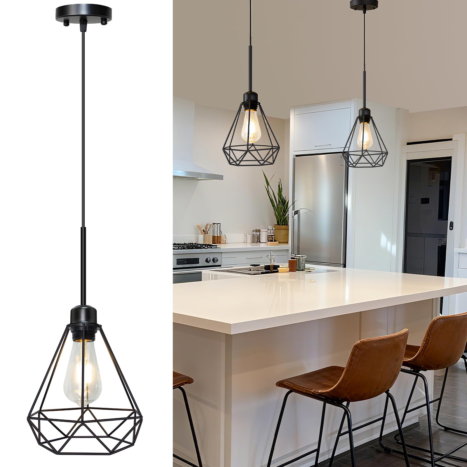 Maliralt Pendant Light Hanging Lights Fixture - Adjustable Hanging Lamps with Black Metal Diamond Shade for Kitchen Island, Dining Room Over Table, Breakfast Corner, Farmhouse Home Decor - 1 Pack