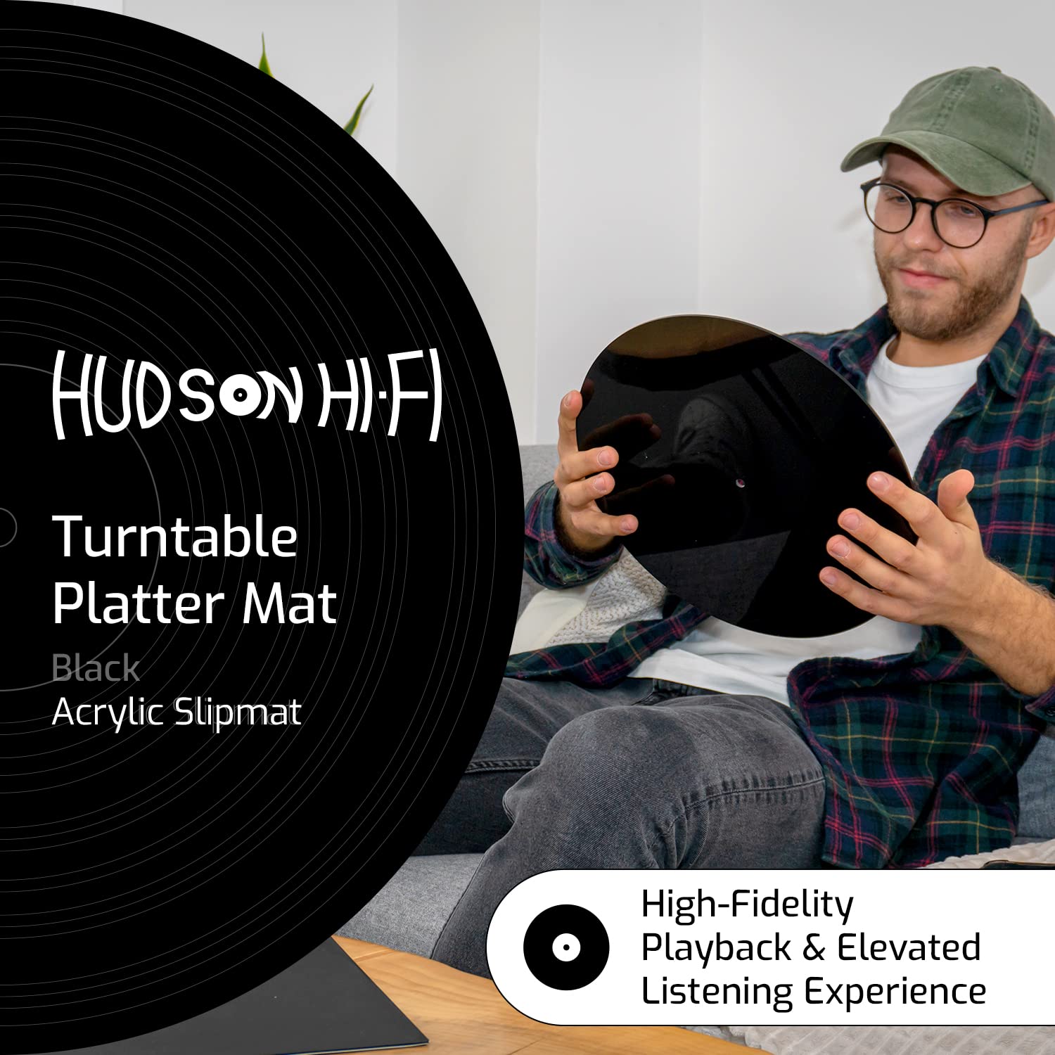 Hudson Hi-Fi Acrylic Turntable Mat – 11.75” Anti-Static Turntable Slipmat with Label Recess – 1/8” Thick Acrylic Platter Mat for Vinyl LP Record Players – Black