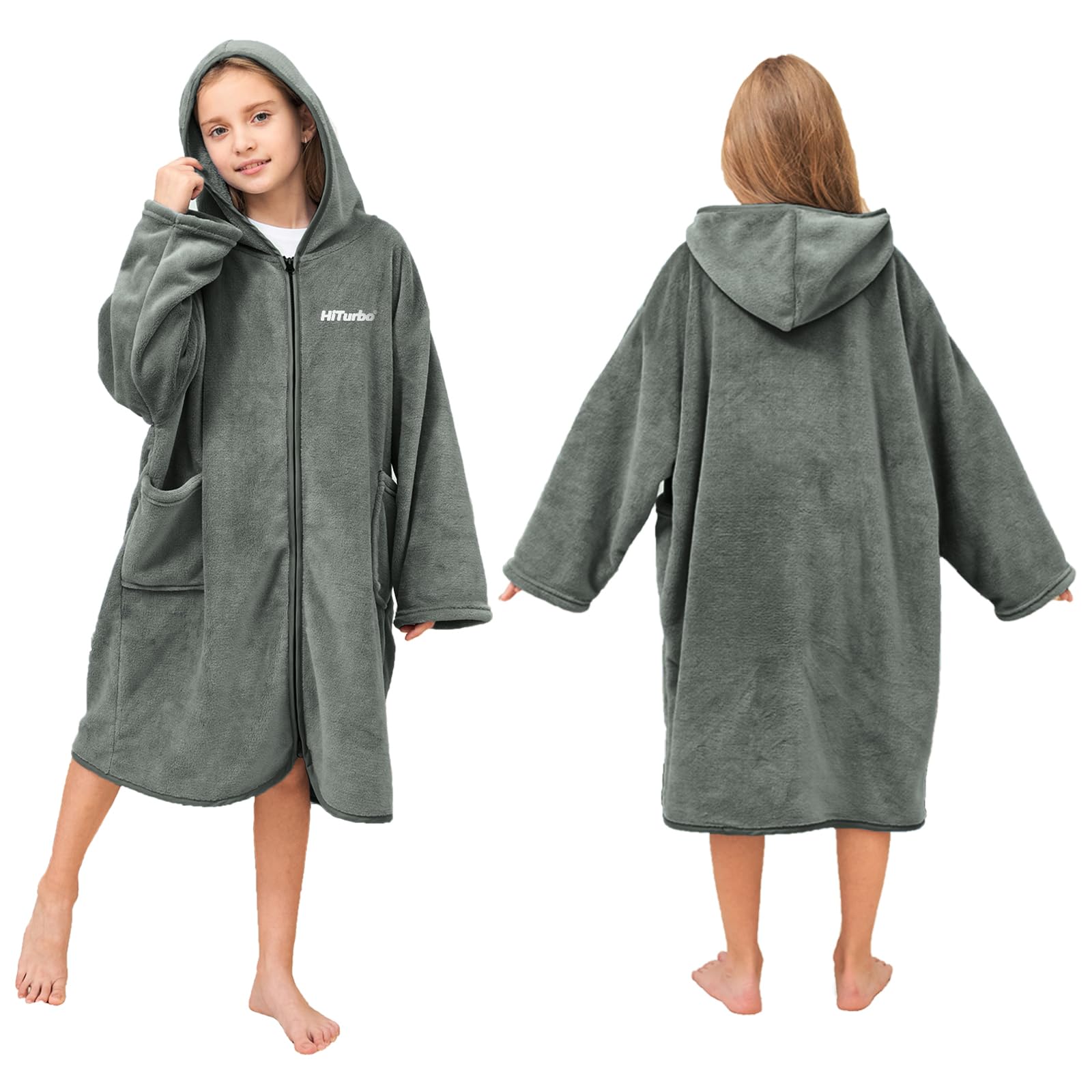Hiturbo Kids Bath Towel Hoodie: Soft Plush Zipper Surf Poncho - Warm Fleece Changing Towels Swimming Outerwear (Blue)