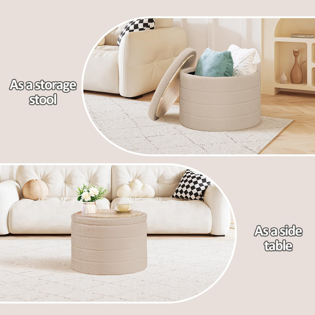 PINPLUS Round Storage Ottoman Foot Rest Stool with Tray Velvet Sherpa Folding Storage Ottoman,Boucle Foot Rest for Living Room, Bedroom, Dorm（Beige）