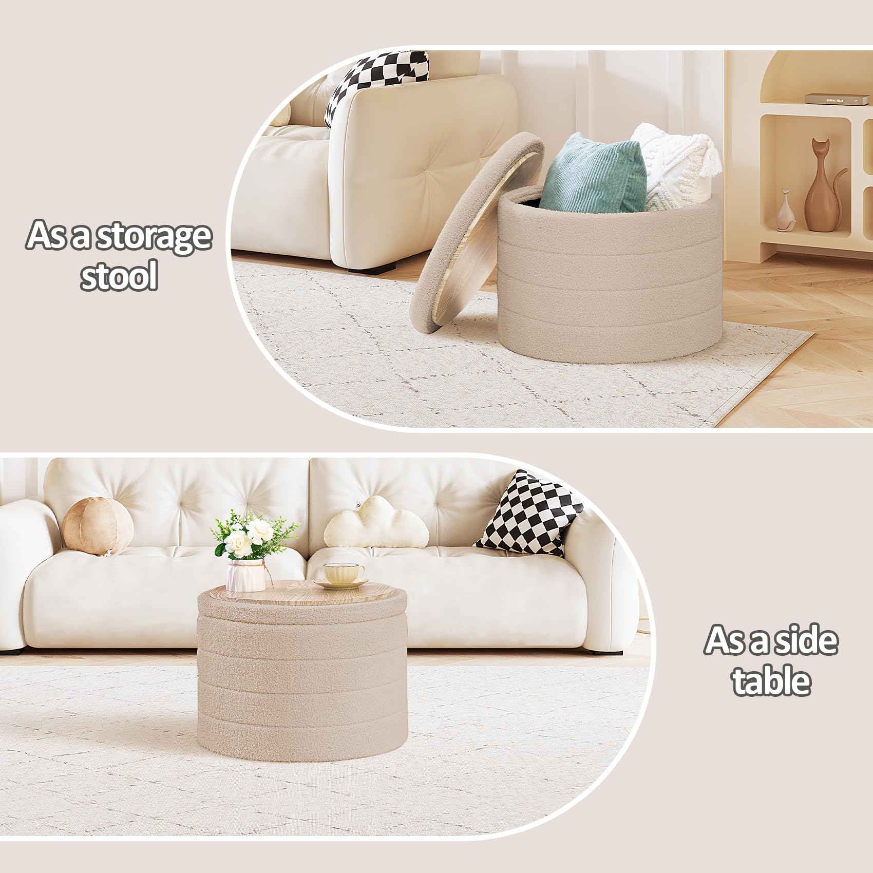 PINPLUS Round Storage Ottoman Foot Rest Stool with Tray Velvet Sherpa Folding Storage Ottoman,Boucle Foot Rest for Living Room, Bedroom, Dorm（Beige）