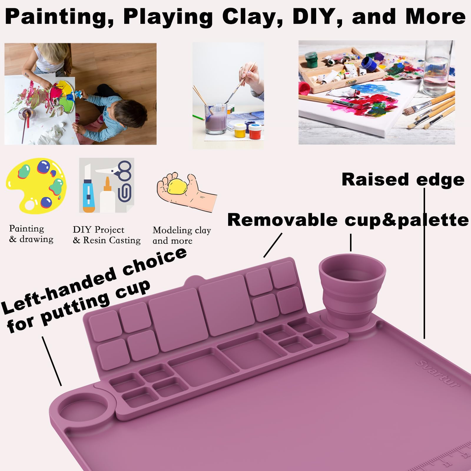Svartur Silicone Art Mat - 17" X 13" With Cup and Palette, Raised Edge for Craft, Artist Creator Mat for Resin DIY, Coral Pink