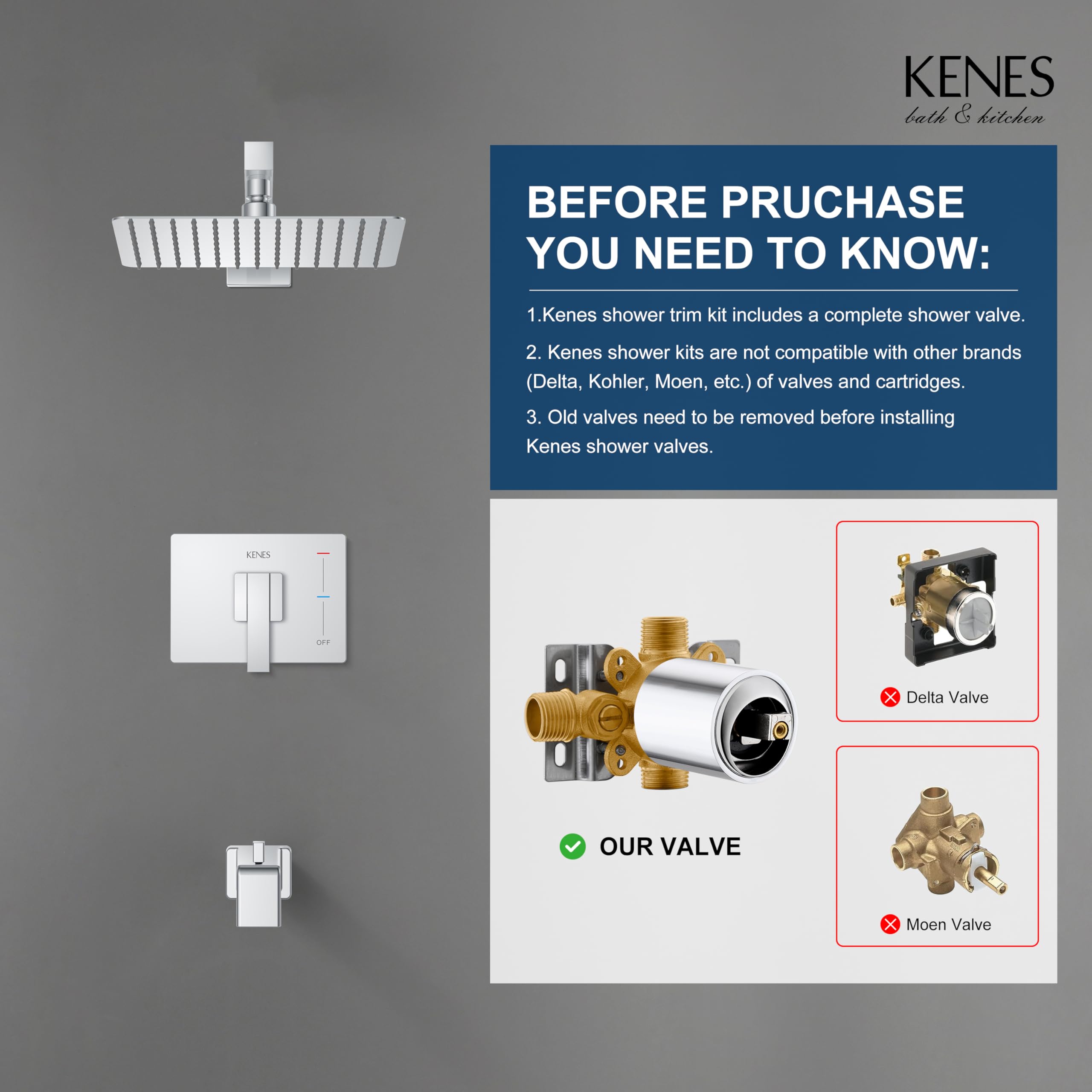 KENES Brushed Nickel 10-Inch Shower Head and Handle Set, Square Shower Faucet Set Bathroom Rainfall Shower System Wall Mount, KE-6024B (Shower Valve Included)