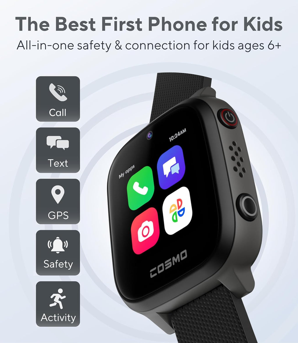 JrTrack 4 Kids Smart Watch by Cosmo | Phone Watch & GPS Tracker | Enhanced Parental Controls | Call, Text, Activity, School Lock | Spotify Music | SIM Card Included | SOS & Safety Alerts | (Black)