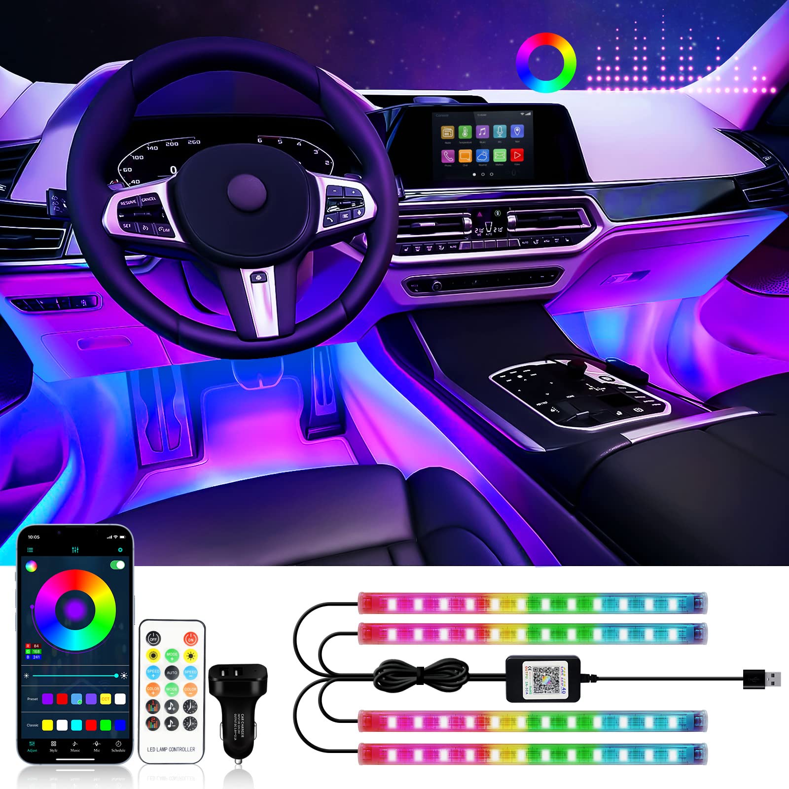 RGB Interior Car Strip Lights with Smart APP Control, Music Sync Under Dash Footwell Neon Internal Lighting Kit 2 Lines Design,12V LED Strip Lights for Cars, Trucks, SUVs with Car Charger(1 Set)