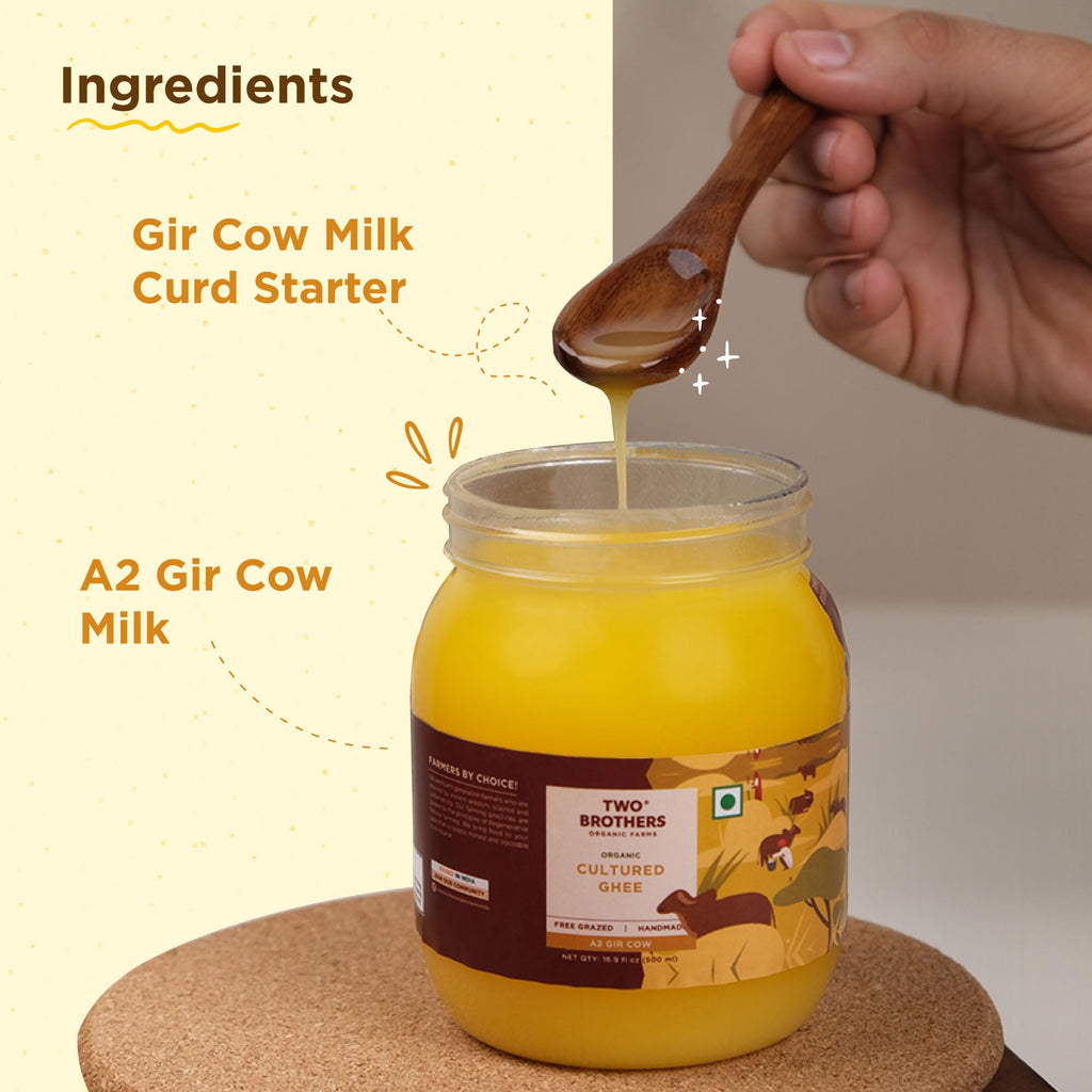 Grass Fed A2 Cultured Ghee | Gir Cow Ghee | Clarified Butter | Cultured Desi Ghee,Non-GMO, Lactose-Free, Keto Friendly - Two Brothers Organic Farms (16 fl oz (500 ml) Plastic)