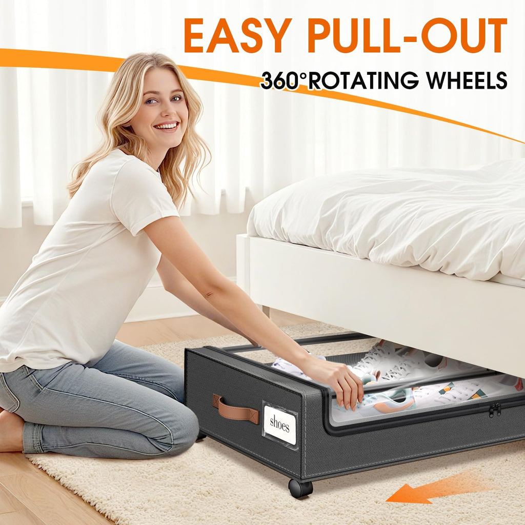 SpaceHacks Under Bed Storage with Wheels 1Pack Underbed Storage with Clear Window&Label Under Bed Drawers Large Capacity Rolling Under Bed Storage for Clothes,Shoes, Blankets (Beige)