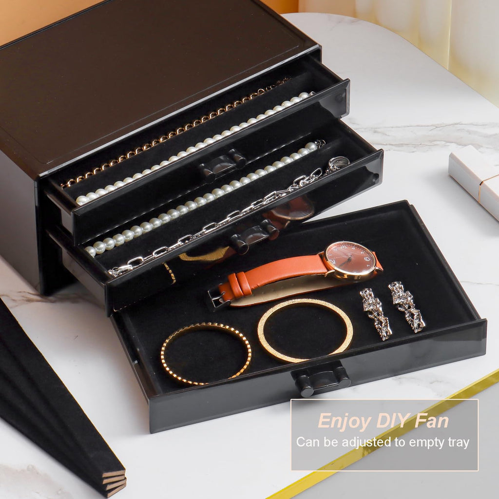 YUFONG Necklace Holder Organizer, Dustproof Necklace Box Velvet Necklace Organizer Box with Lid Clear Acrylic Dustproof Stackable Jewelry Displays for Necklaces Chain Display (Beige, 3 Drawer)