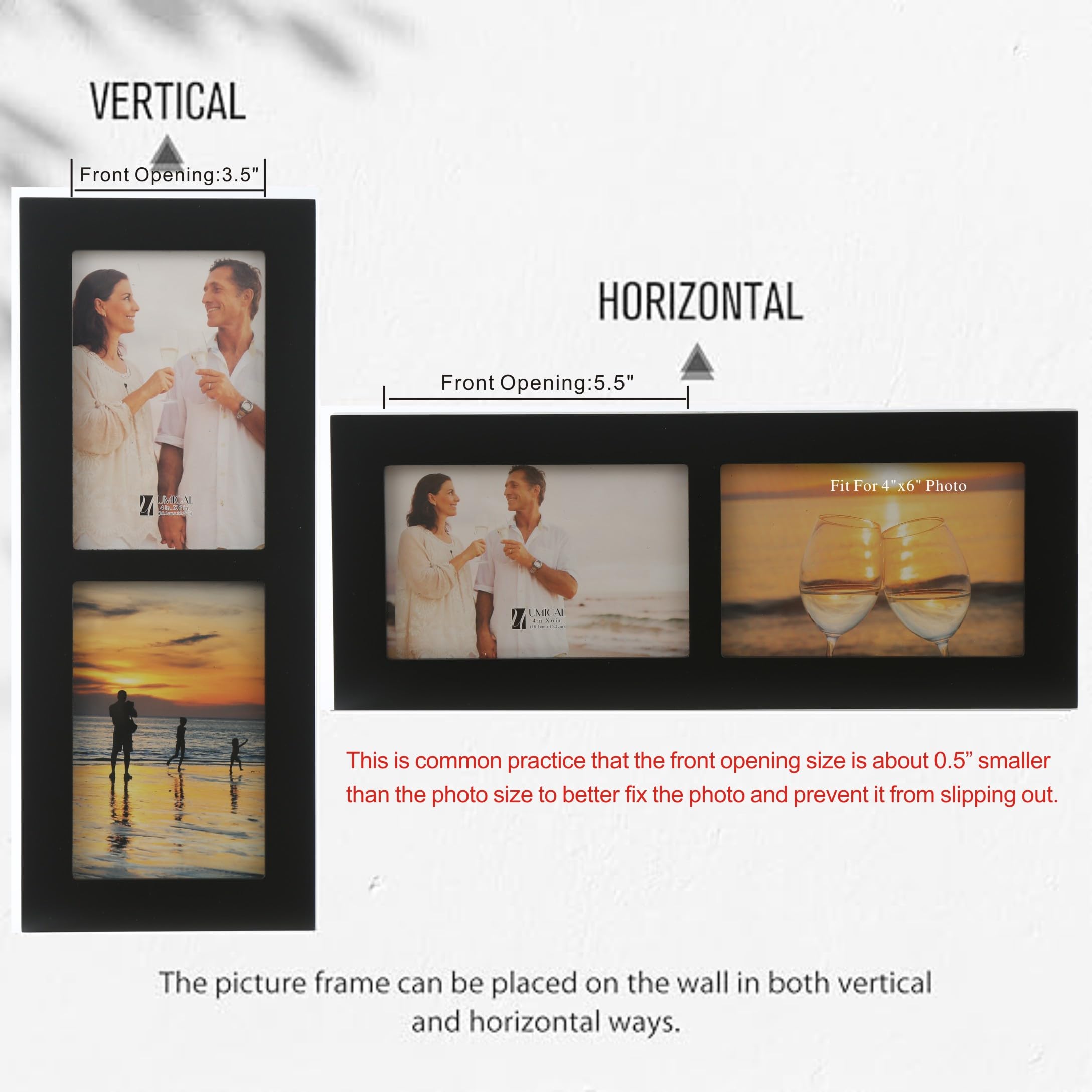 4x6 2-Opening Collage Frame Black Wood | Two 4x6 openings, shatter-resistant glass, tabletop & wall mount