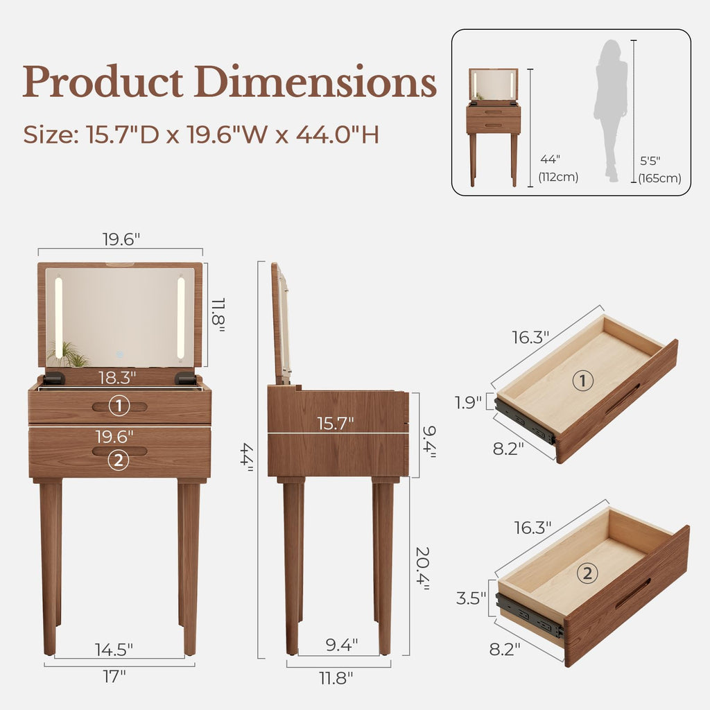 Muwuele Solid Wood Small Vanity Desk with Mirror and Lights, Narrow Makeup Vanity for Small Space, Flip Top Vanity Side Table, 3 Color Modes & Adjustable Brightness, 19.6" Slim Dressing Table, Black