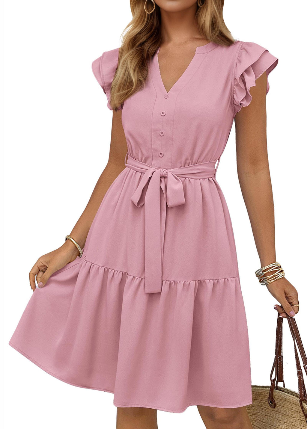 KIRUNDO Summer Dresses for Women 2026 Spring Flutter Sleeve V Neck Ruffle Flowy Tiered Knee Length Beach Vacation Sundress